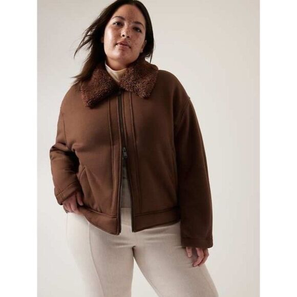 Athleta Westbound Sherpa Coat Jacket Brown Pockets Full Zip Faux Fur NWT Medium - Picture 1 of 9